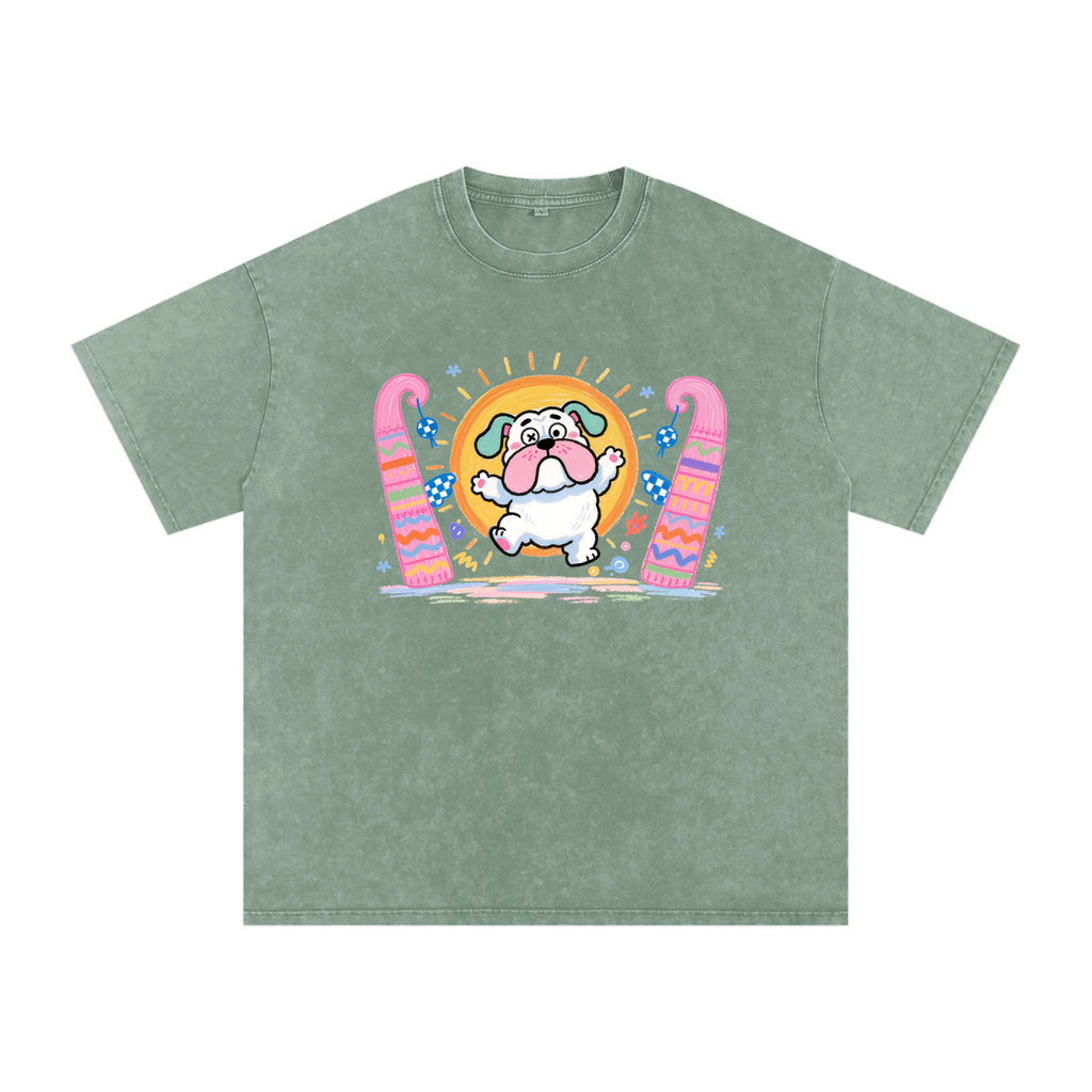 Sunny Jump Bulldog | Snow Washed Oversized Cotton T-Shirt