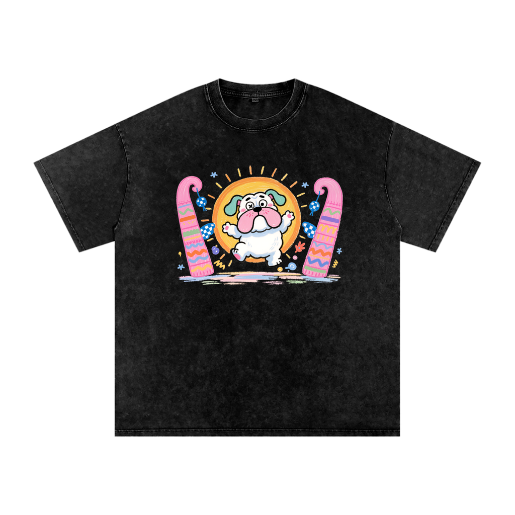 Sunny Jump Bulldog | Snow Washed Oversized Cotton T-Shirt